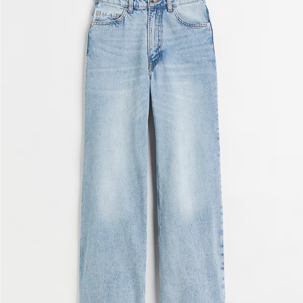 H&M BLEECKER HIGH RISE WIDE LEG JEANS in light denim blue size 16 100% cotton